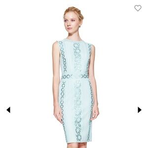 🍁☀️Tadashi Shoji Green Sheath Midi Dress Crew Neck Sleeveless